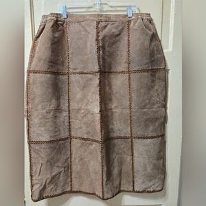 CBO New York Brown Leather Patchwork Midi Button Zip Elastic Waistband Skirt NWT